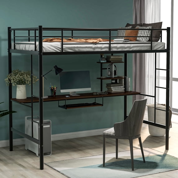 Euroco Modern Twin Loft Bed, Heavy Duty Bed with Rustic Wood Desk and Keyboard Tray for Kids Teens, Metal Bed