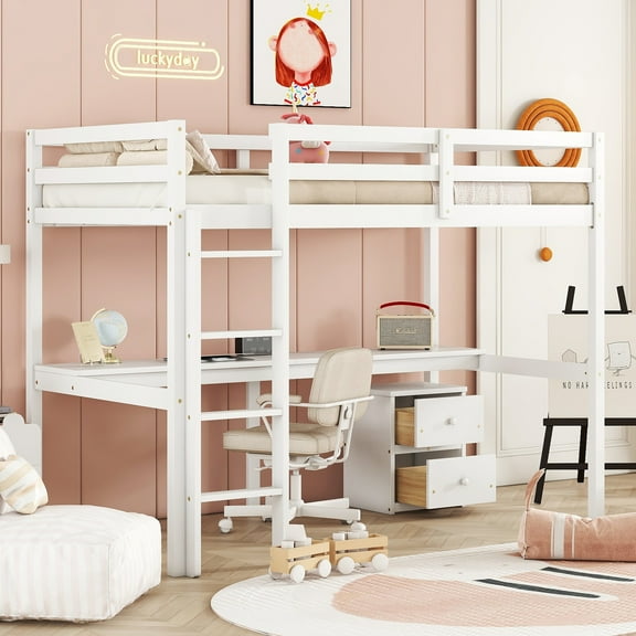 Euroco Modern Twin Size Loft Bed with Desk and Storage Drawers for Kids Teens, White