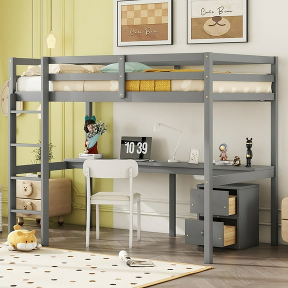 Euroco Modern Twin Size Loft Bed with Desk and Storage Drawers for Kids Teens,Gray