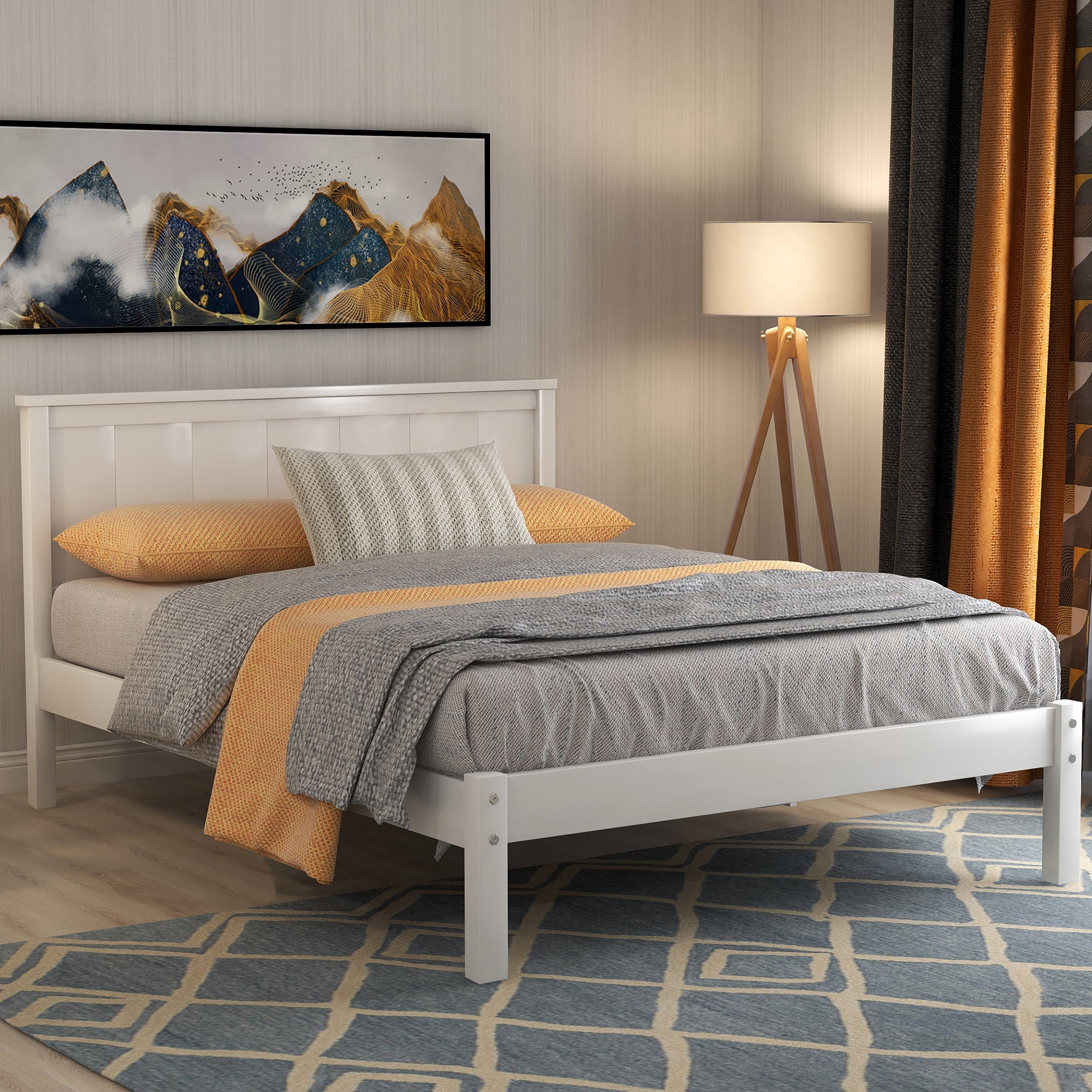 Euroco Modern Twin Size Platform Bed, Solid Wood Frame, 11 inch Bed with Headboard for Kids Teens, Esay Assembly, White