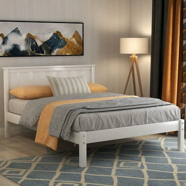 Euroco Modern Twin Size Platform Bed, Solid Wood Frame, 11 inch Bed with Headboard for Kids Teens, Esay Assembly, White