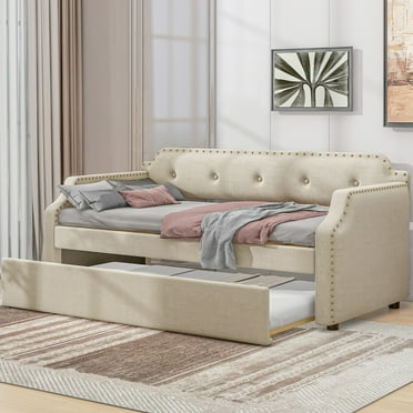 Euroco Modern Twin Upholstered Daybed Linen Tufted Sofa Bed with Trundle, Solid Wood Frame for Bedroom, Beige