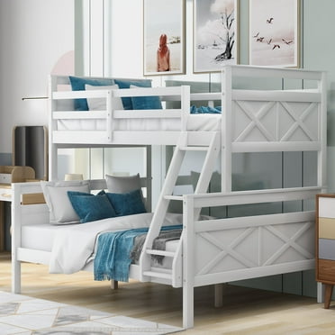 Euroco Modern Twin over Full Bunk Bed Frame with Ladder for Kid's Room, Solid Wood Bed for Kids Teens Adults, White
