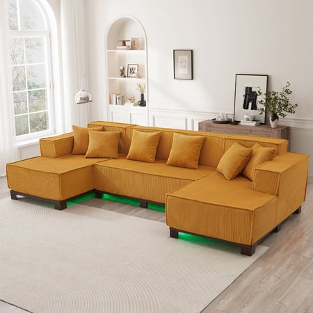 Euroco Modern U-Shaped Sectional Sofa 130" Sectional Sofa Upholstered Sofa with RGB LED Light Strip and 6 Pillows for Living Room, Orange