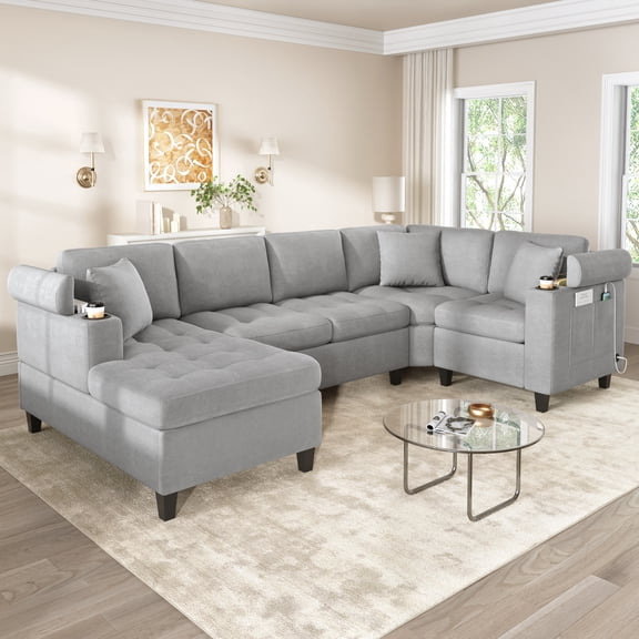 Euroco Modern U-shaped Sectional Sofa 115.7" Corner Sectional Living Room Couch Oversized Sectional with with Built-in Cup Holders, Storage Space and USB Ports for Living Room, Light Grey