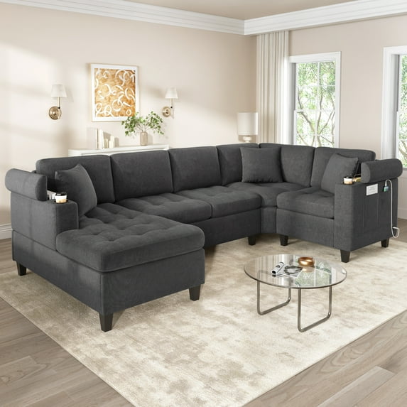 Euroco Modern U-shaped Sectional Sofa 115.7" Corner Sectional Living Room Couch Oversized Sectional with with Built-in Cup Holders, Storage Space and USB Ports for Living Room, Grey