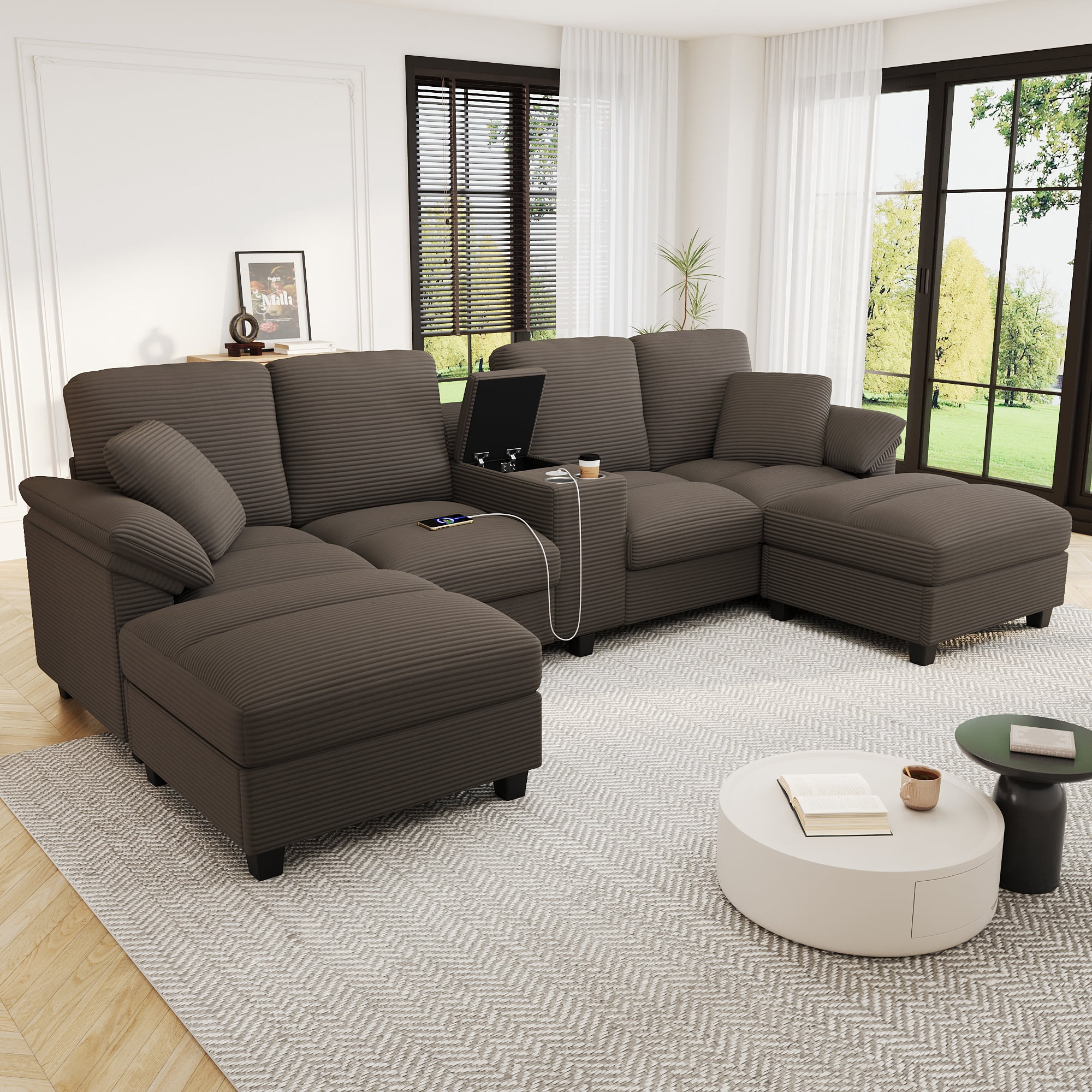 Euroco Modern U-shaped Sofa 116.9" Sectional Sofa Corduroy Upholstered
