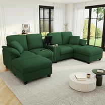 Euroco Modern U-shaped Sofa 116.9" Sectional Sofa Corduroy Upholstered Sofa Couch with Storage Ottomans, Cup Holders and USB Ports for Living Room, Green