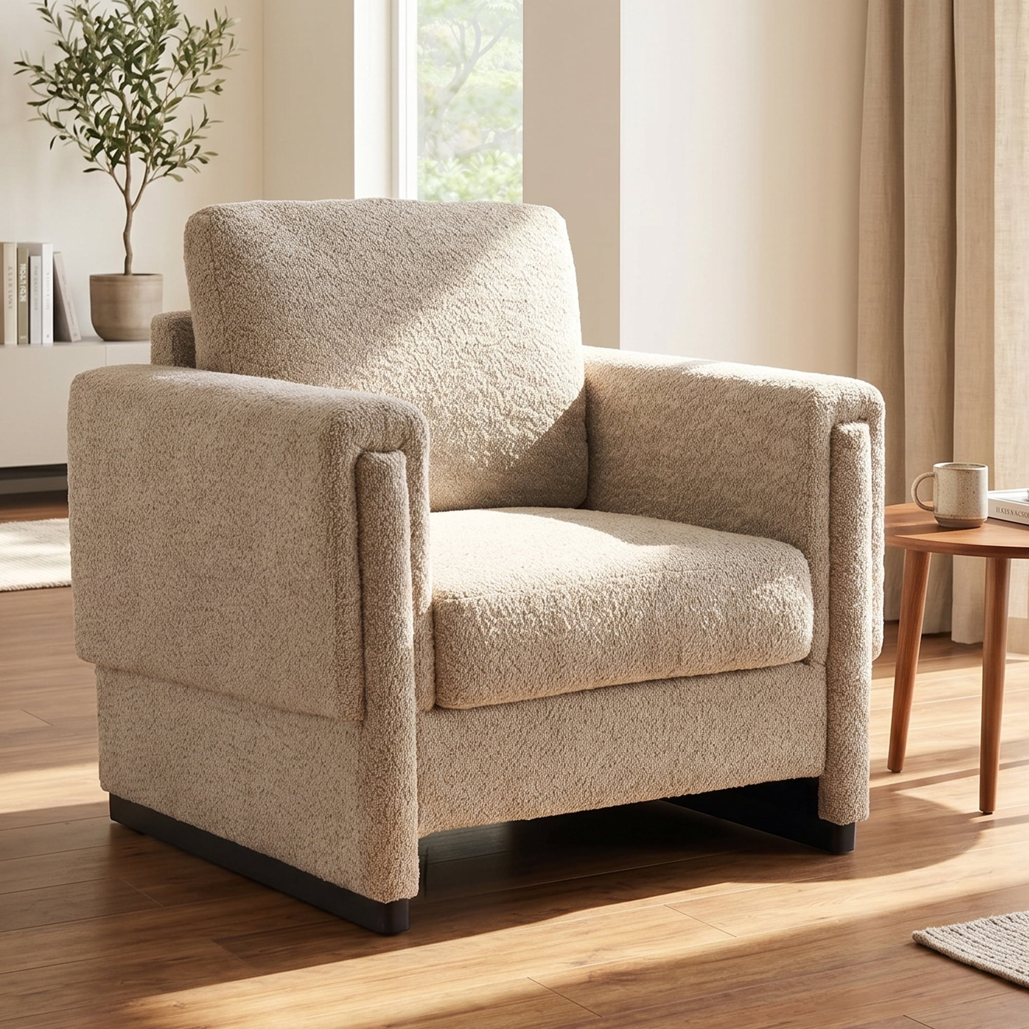 Euroco Modern Upholstered Accent Chair with Armrests, Boucle Fabric Armchair Comfy Reading Chair with Solid Wood Legs & Thick Cushion, Square Arm Club Chair for Living Room Bedroom Office,Brown