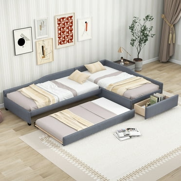 Euroco Modern Upholstered L-Shaped Twin Daybed with Drawer and Trundle, Three Beds for Kids, Gray
