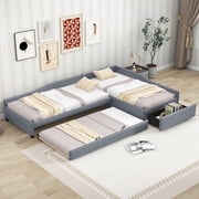 Euroco Modern Upholstered L-Shaped Twin Daybed with Drawer and Trundle, Three Beds for Kids Teens, Gray