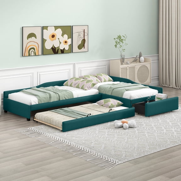 Euroco Modern Upholstered Twin Daybed with Storage Drawer and Trundle for Living Room, Green