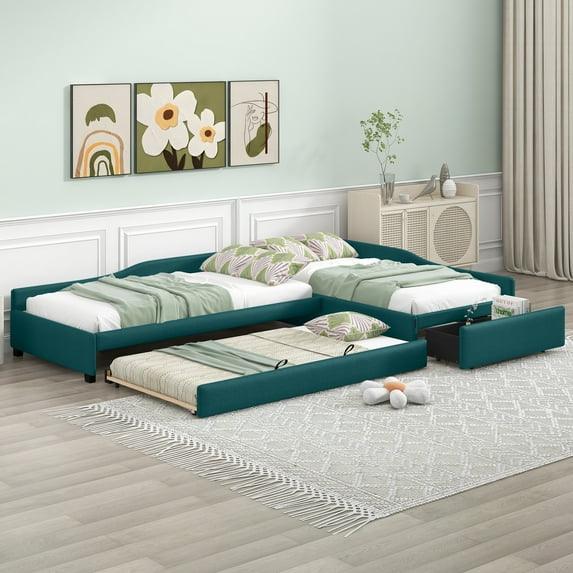 Euroco Modern Upholstered Twin Daybed with Storage Drawer and Trundle for Living Room, Green
