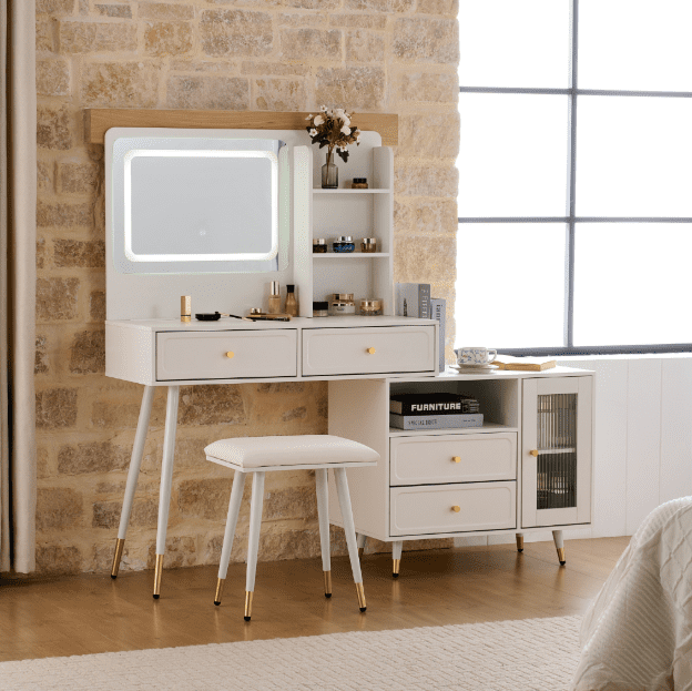 Euroco Modern Vanity Desk with Adjustable Cabinet, LED Mirror & Charging Station – Makeup Table with Drawers, Shelves, and USB Ports
