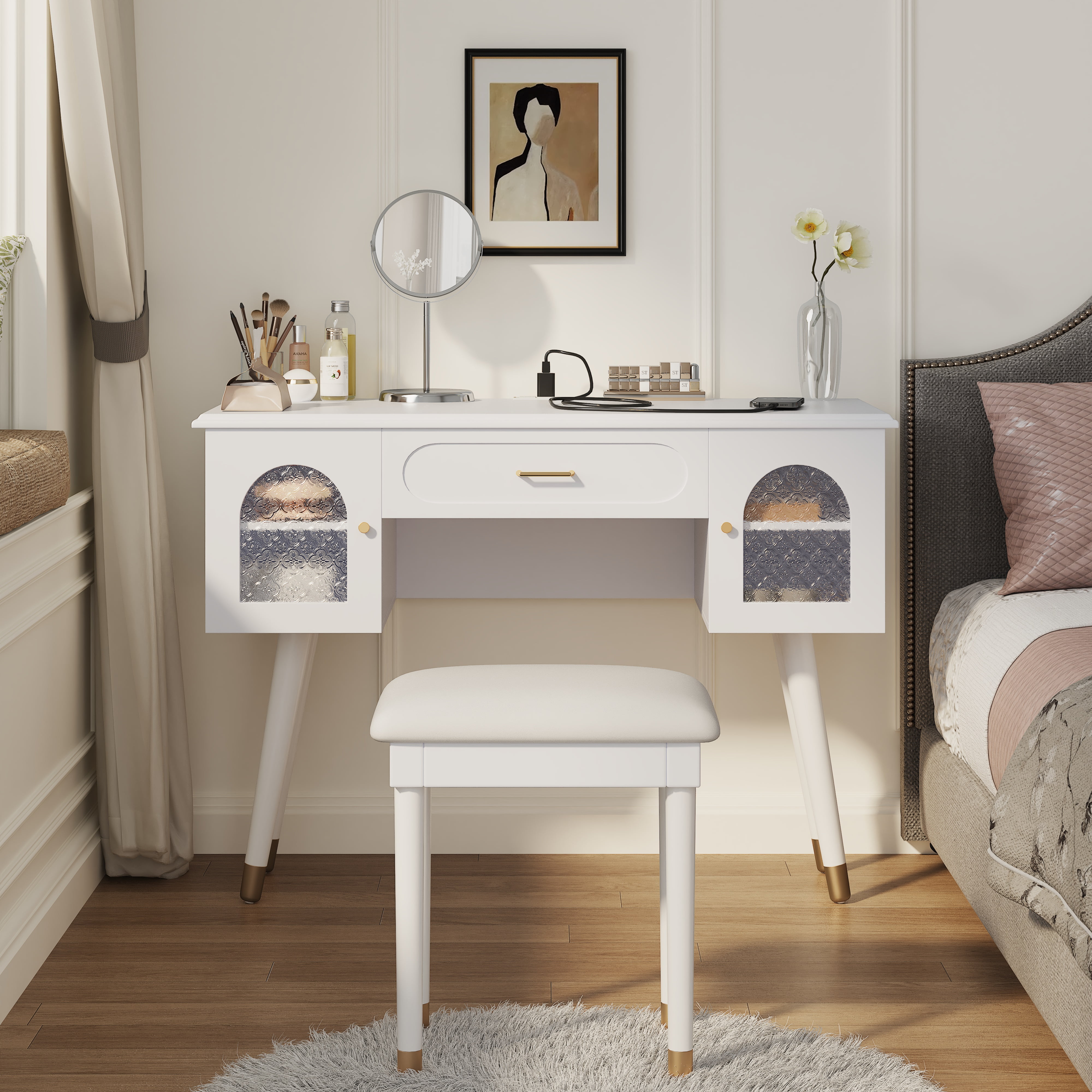 Euroco Modern Vanity Table with Stool, Built-in Power Strip, Carved Glass Doors & Storage Drawers, Compact Makeup Desk with USB & Outlets
