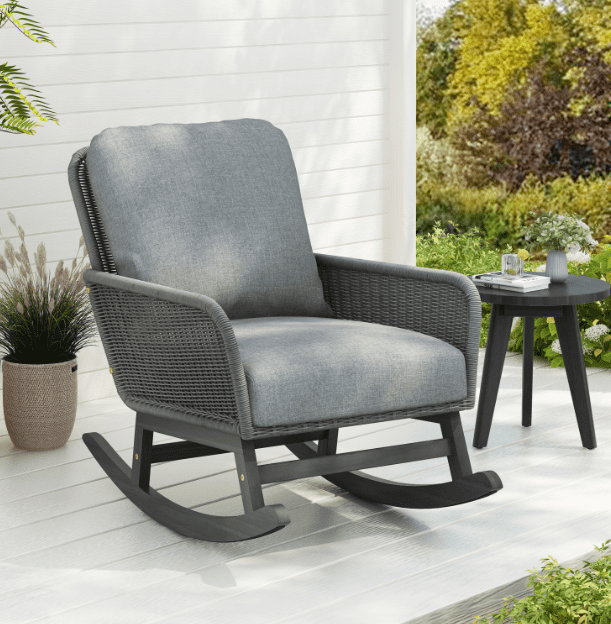 Euroco Modern Wicker Rocking Chair with Cushions, PE Rattan Patio Rocker with Wooden Frame for Indoor & Outdoor Use