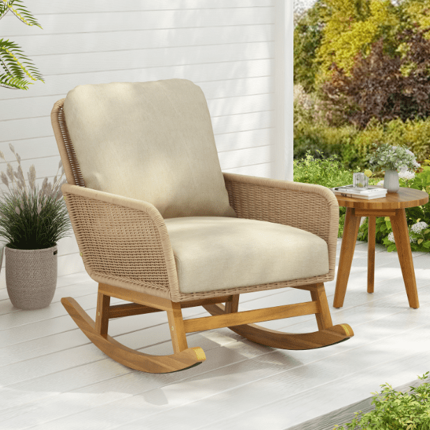 Euroco Modern Wicker Rocking Chair with Cushions, PE Rattan Patio Rocker with Wooden Frame for Indoor & Outdoor Use