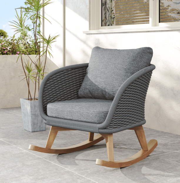Euroco Modern Wicker Rocking Chair with Cushions, PE Rattan Rocker with Wooden Frame for Indoor & Outdoor Use