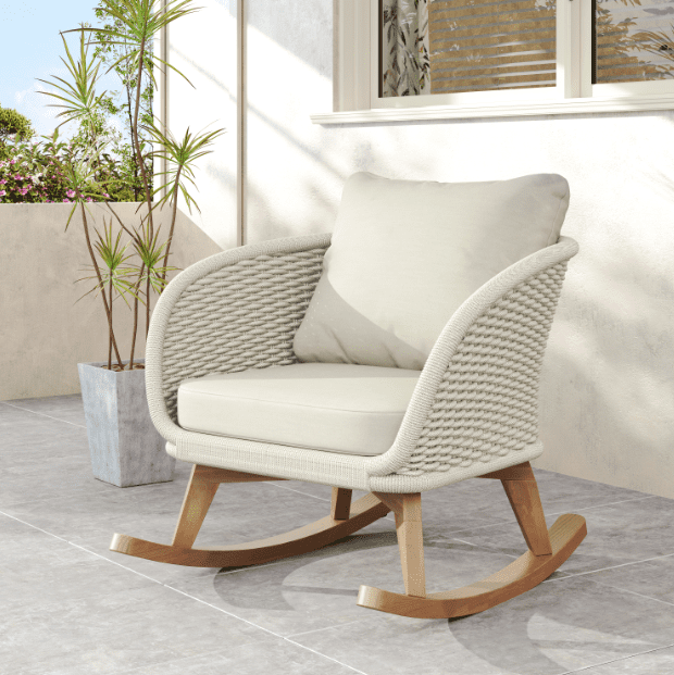 Euroco Modern Wicker Rocking Chair with Cushions, PE Rattan Rocker with Wooden Frame for Indoor & Outdoor Use