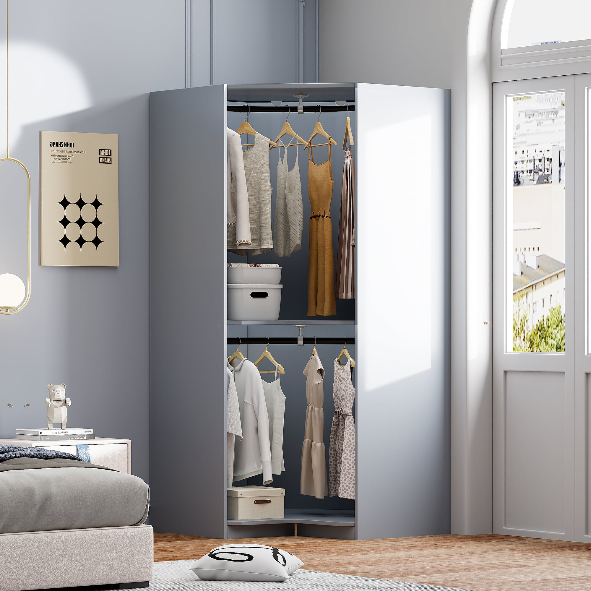 Euroco Modern Wood 63.6" Armoires, Polygon Corner Wardrobe for Kids Adults, Gray