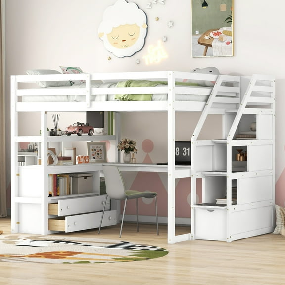 Euroco Modern Wood Full Size Loft Bed with Desk, Shelves and Drawers for Kids Teens, White