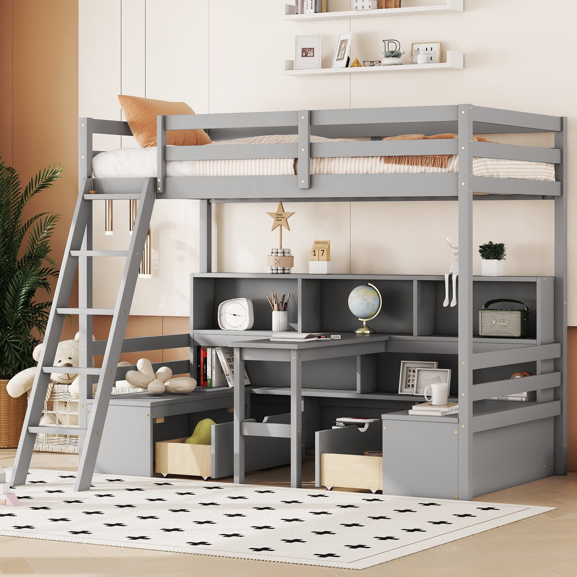 Euroco Modern Wood Twin Size Loft Bed with Desk and Drawers, Storage Shelves and Seat Design for Kids Teens, Grey