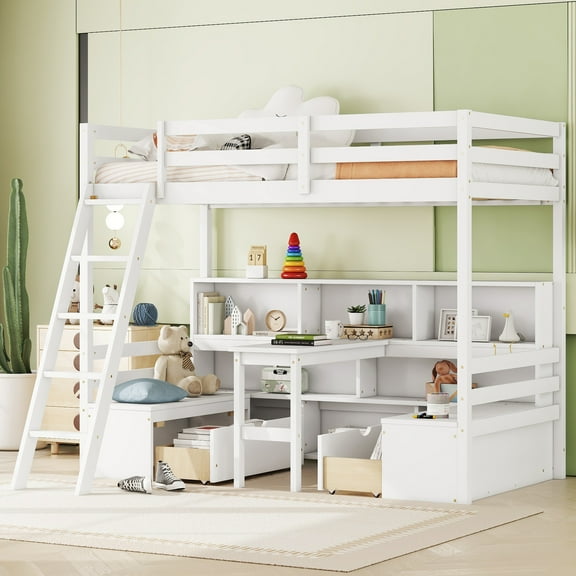 Euroco Modern Wood Twin Size Loft Bed with Desk and Drawers, Storage Shelf and Bench for Kids Teens, White