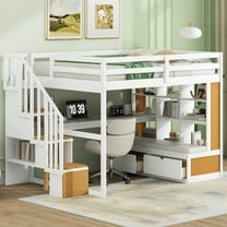 Euroco Modern Wood Full Size Loft Bed with Desk and Shelves, Storage Staircase and Drawers, Wood