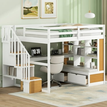 Euroco Modern Wood Full Size Loft Bed with Desk and Shelves, Storage Staircase and Drawers, Wood