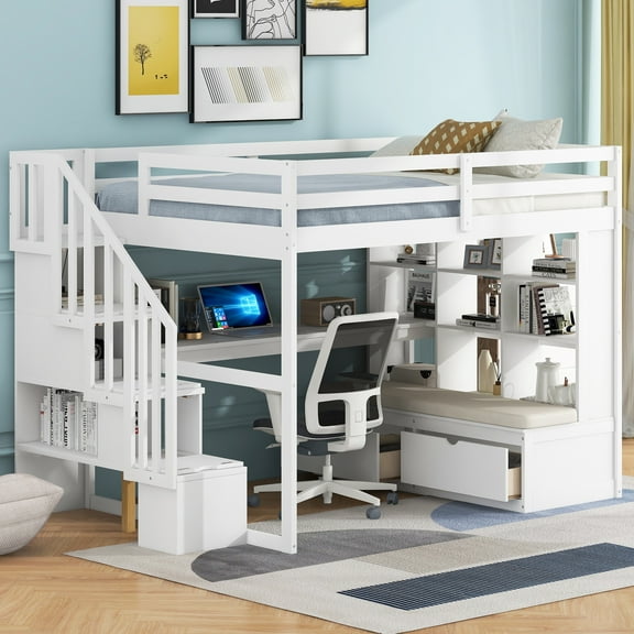 Euroco Modern Wood Full Size Loft Bed with Desk and Shelves, Storage Staircase and Drawers for Kids Teens, White