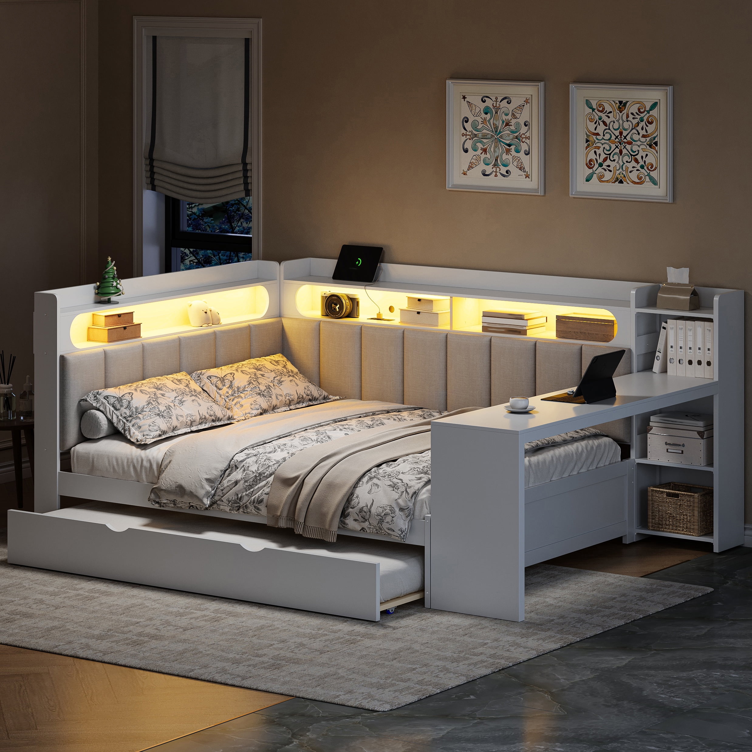 Euroco Wood Full Size Platform Bed with Upholstery Storage Headboard and Trundle, Daybed with Desk, USB Ports and LED Light, White