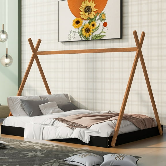Euroco Modern Wood Full Size Tent Floor Bed, x-Shaped House Bed for Kids, Wood Triangle Canopy Bed, Natural