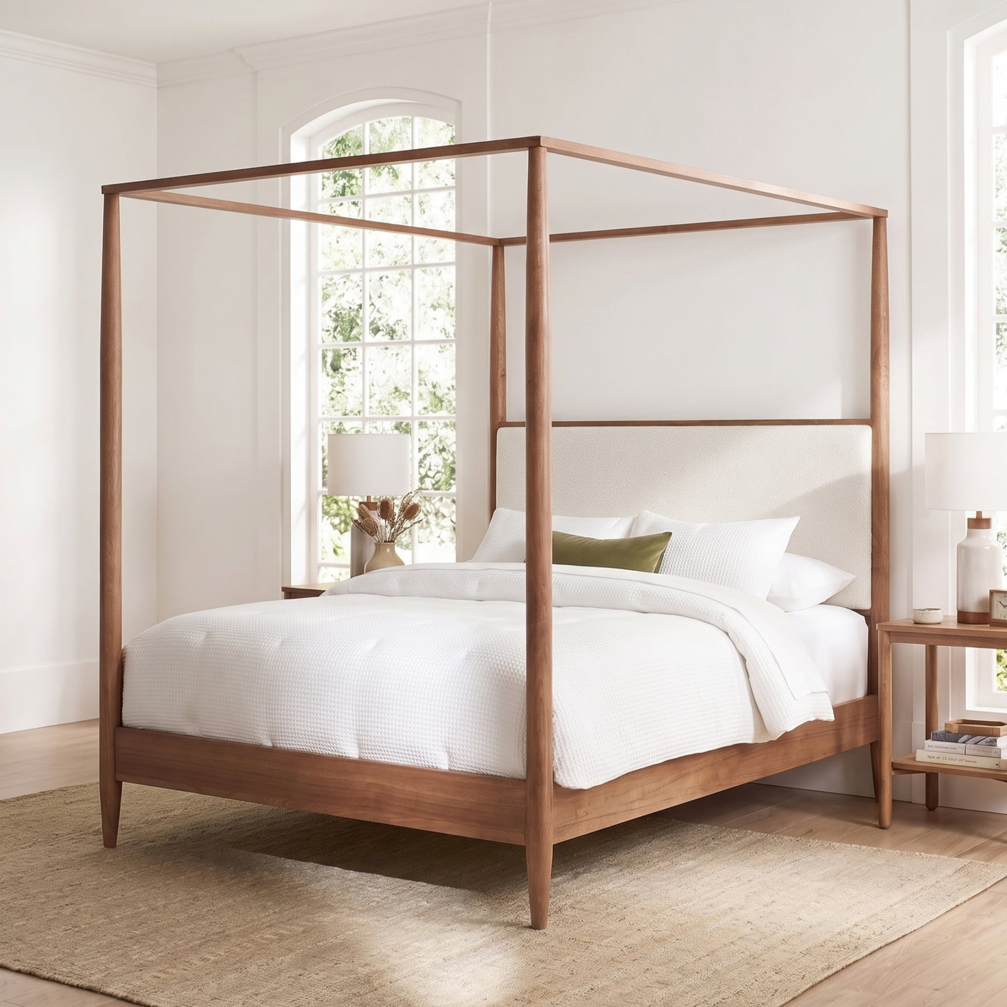 Euroco Modern Wood King Size Canopy Bed, Mid-Century 4-Poster Platform Bed with Boucle Upholstered Headboard and Tapered Legs, No Box Spring Needed, Walnut