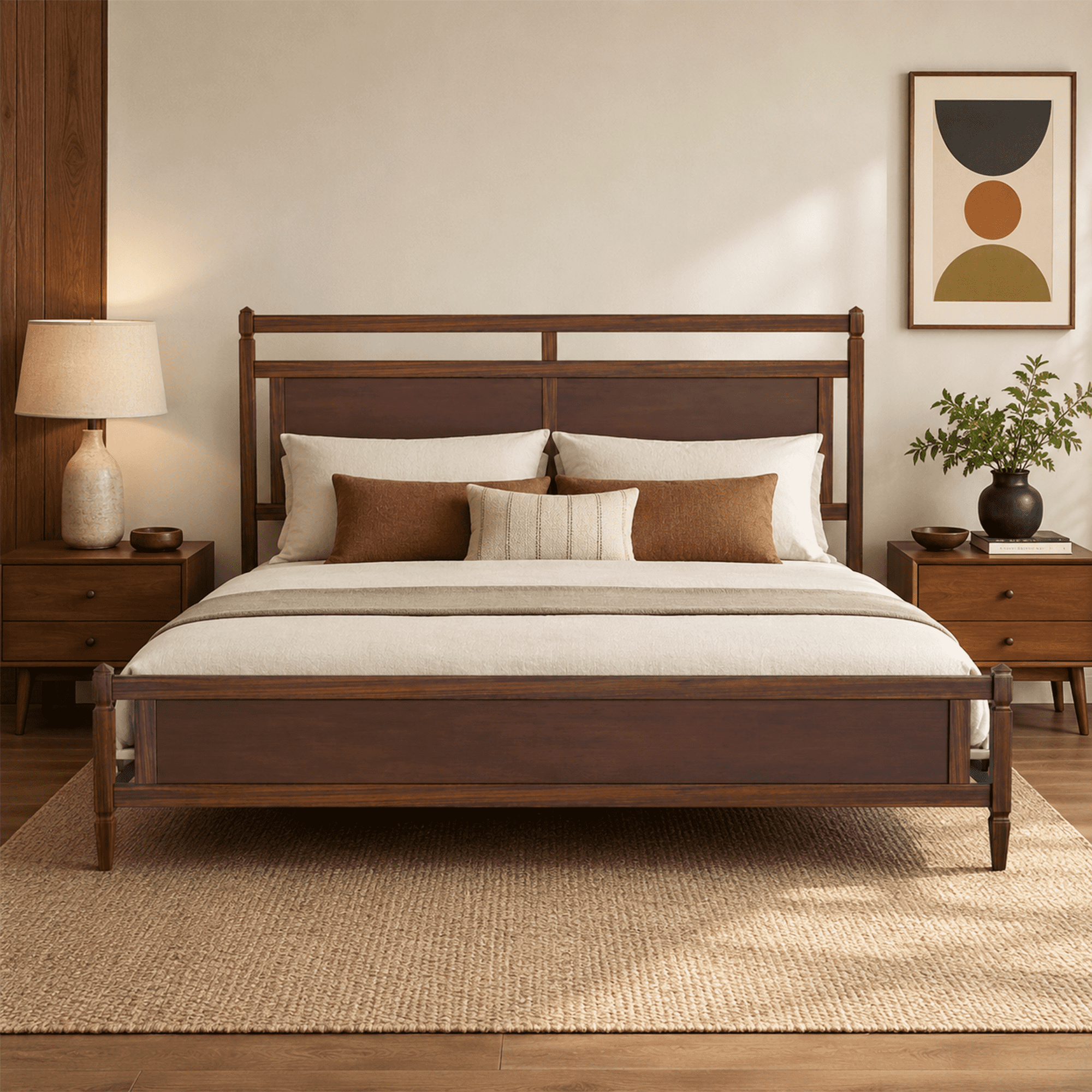Euroco Modern Wood King Size Platform Bed, Mid-Century Bed Frame with Panel Headboard, No Box Spring Needed, Dark Walnut