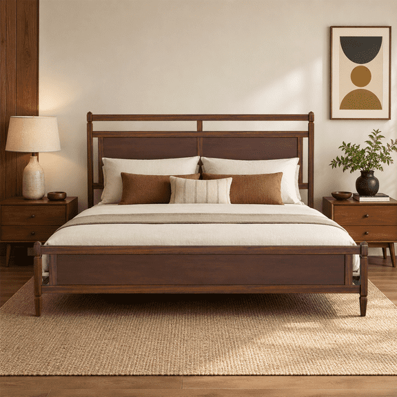 Euroco Modern Wood King Size Platform Bed, Mid-Century Bed Frame with Panel Headboard, No Box Spring Needed, Dark Walnut