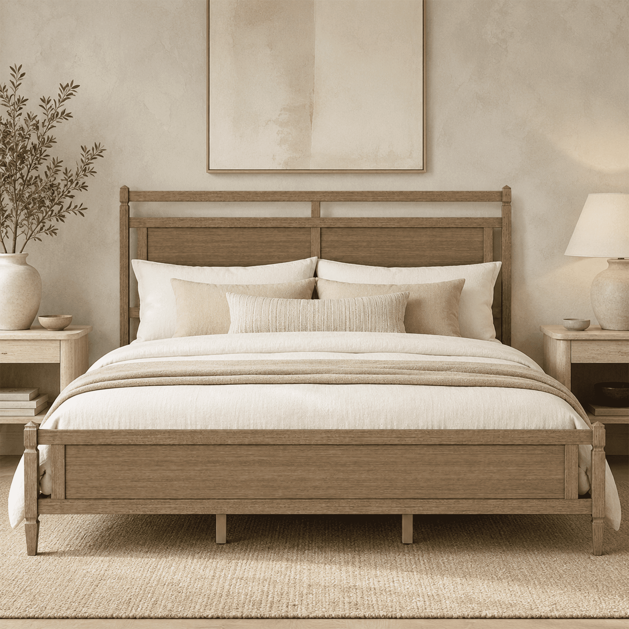 Euroco Modern Wood King Size Platform Bed, Mid-Century Bed Frame with Panel Headboard, No Box Spring Needed, Gray Oak