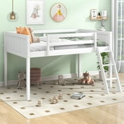Euroco Modern Wood Loft Bed with Ladder, Twin Size Low Loft Bed for Kids Teens, White