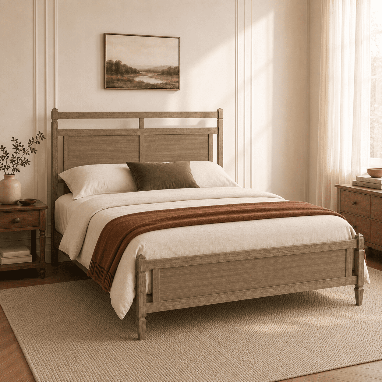 Euroco Modern Wood Queen Size Platform Bed, Mid-Century Bed Frame with Panel Headboard, No Box Spring Needed, Gray Oak