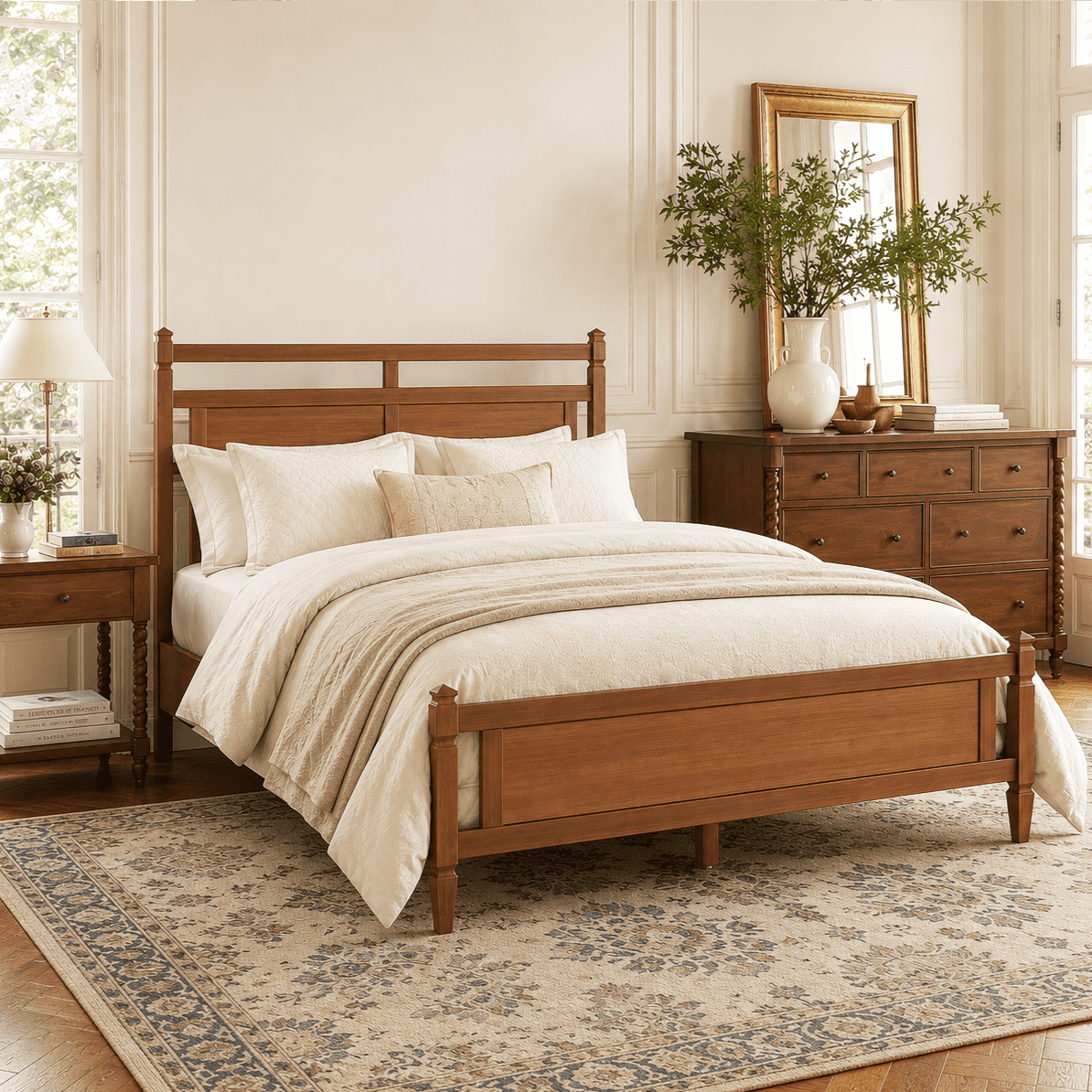 Euroco Modern Wood Queen Size Platform Bed, Mid-Century Bed Frame with Panel Headboard, No Box Spring Needed, Light Walnut