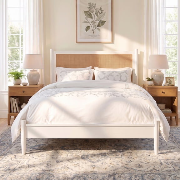 Euroco Modern Wood Queen Size Platform Bed with Rattan Headboard,Wicker Bed, No Box Spring Needed, White