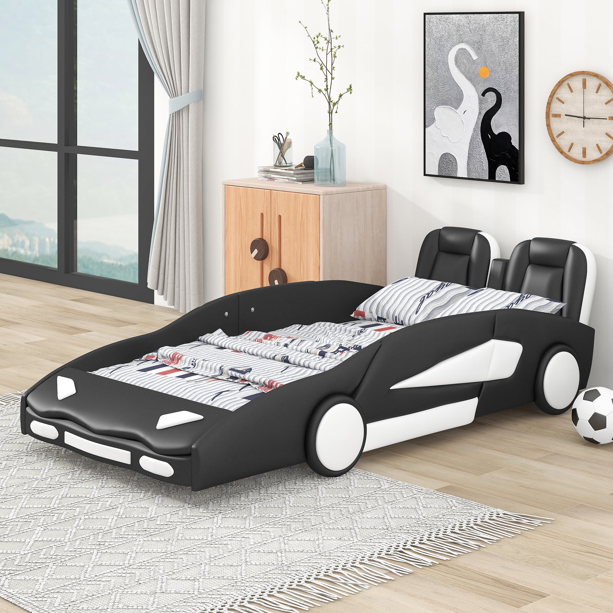 Euroco Modern Wood Race CarShaped Twin Platform Bed for Kids’ Bedroom, Upholstery Car Bed for