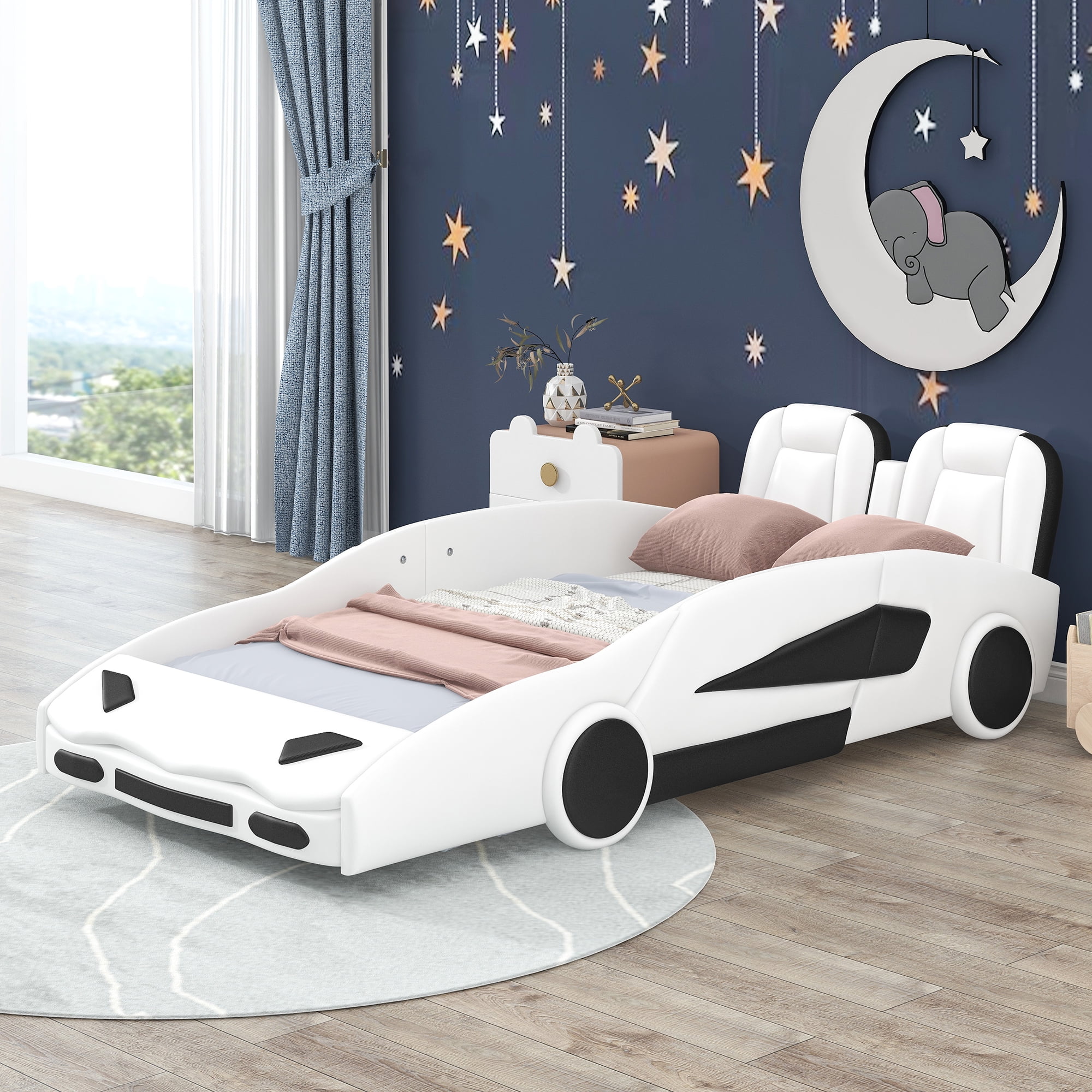 Euroco Modern Wood Race Car-Shaped Twin Platform Bed for Kids’ Bedroom,  Upholstery Car Bed for Kids Gift, White