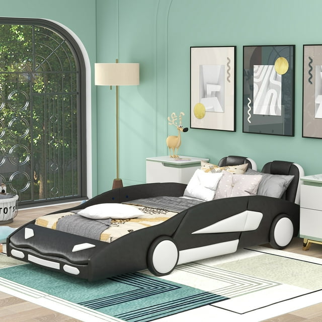 Euroco Modern Wood Race CarShaped Twin Bed for Children's Bedroom, PU