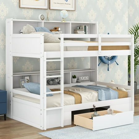 Euroco Modern Wood Twin Bunk Bed with Shelves and Drawer, White