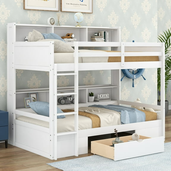 Euroco Modern Wood Twin Bunk Bed with Shelves and Drawer for Kids Teens Room, White