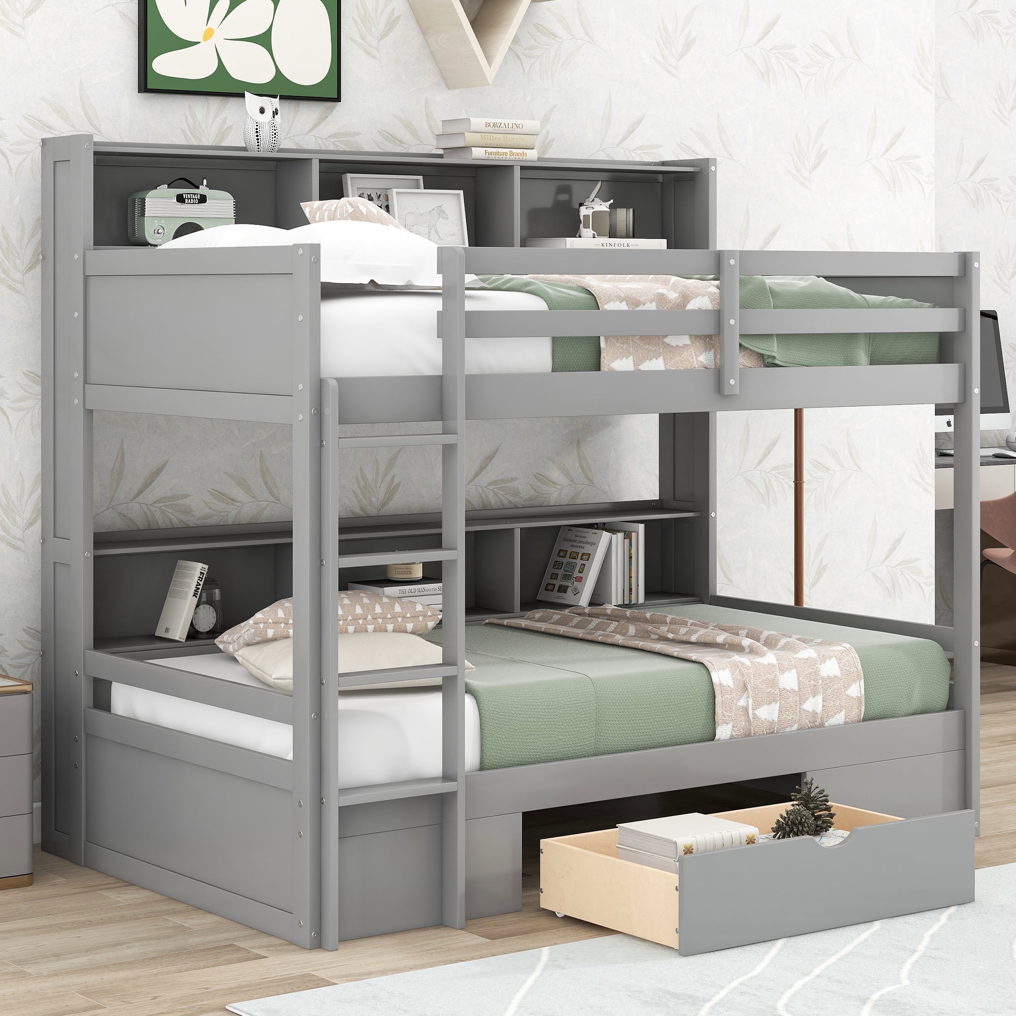 Euroco Twin Bunk Bed with Shelf Storage, Wood, Drawer, for Kids Room ...