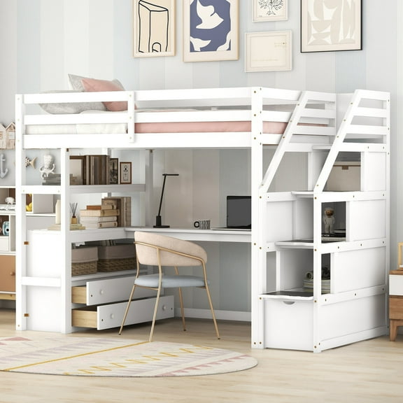 Euroco Modern Wood Twin Size Loft Bed with Desk, Shelves and Drawers for Kids Teens, White