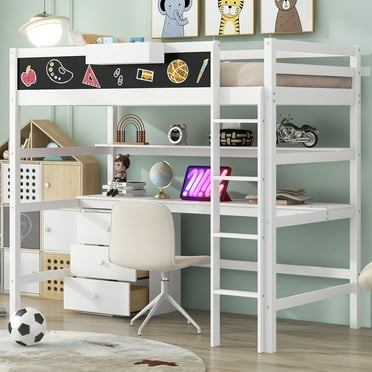 Euroco Modern Wood Twin Size Loft Bed with Desk and Drawers, Blackboard and Shelves, White