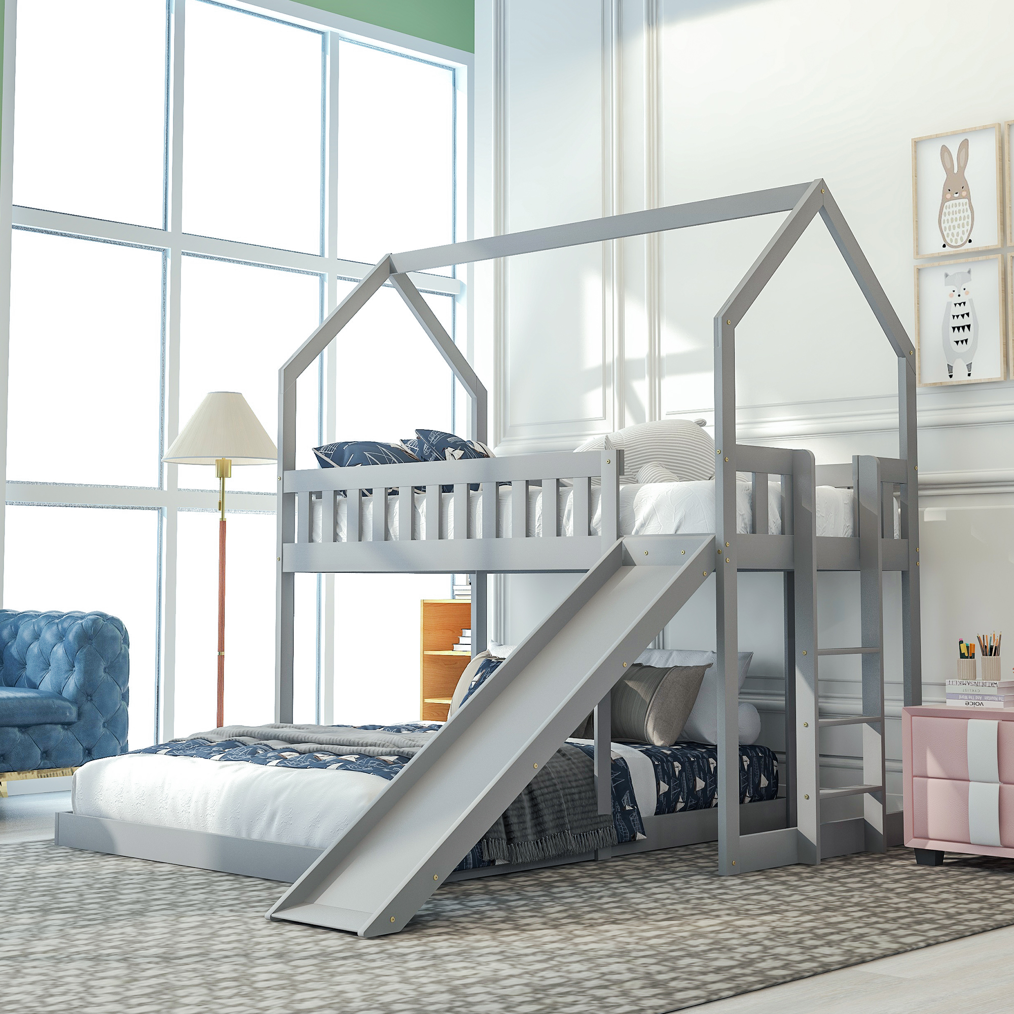 Euroco Modern Twin over Full Bunk Bed Frame with Ladder for Kid s Room Solid Wood Bed for Kids Teens Adults White