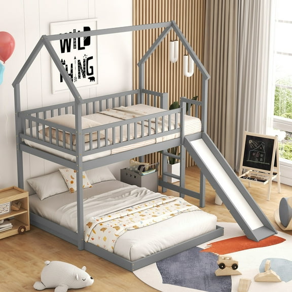 Euroco Modern Wood Twin over Full House Bunk Bed for Kids Teens Bedroom, Gray